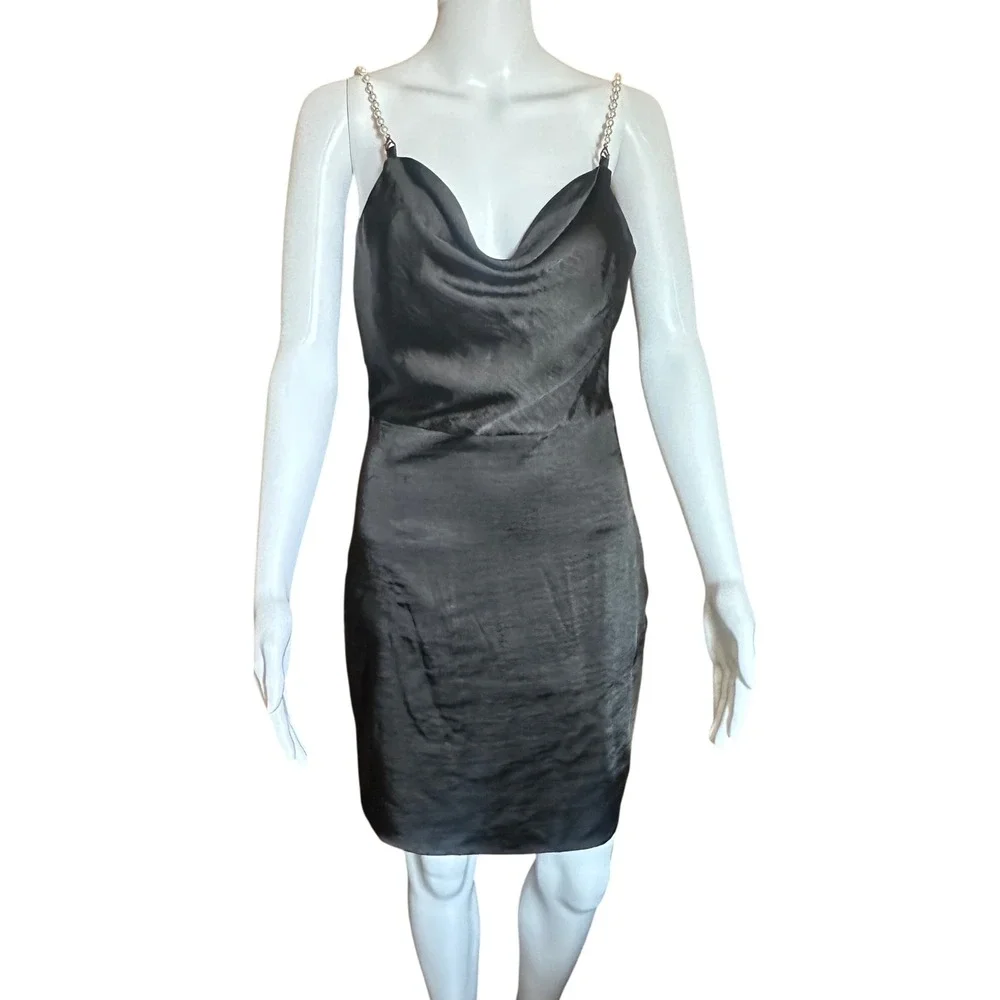Nasty Gal Mini Dress Pearl Strap Cowl Neck Satin Party Dress Size 4 - Picture 1 of 15